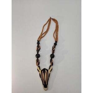 Vintage retro Lee Sands wood bead safari zoo‎ animal inlaid ZEBRA necklace